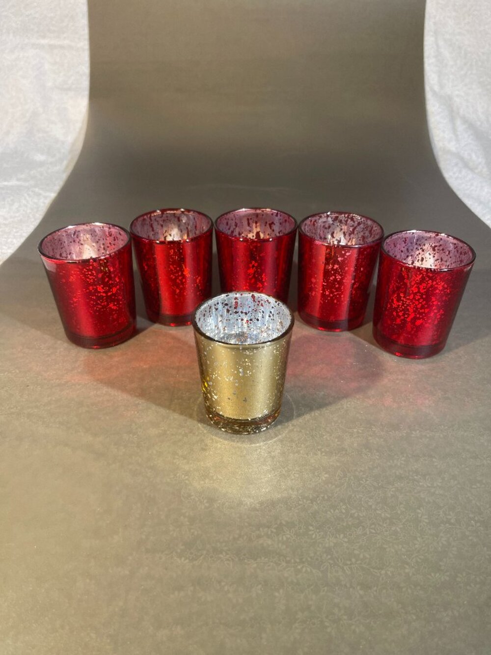 6- 2.5" x 2" Votive Candle Cups 5 Red 1 Gold w/ Battery Candles (852)